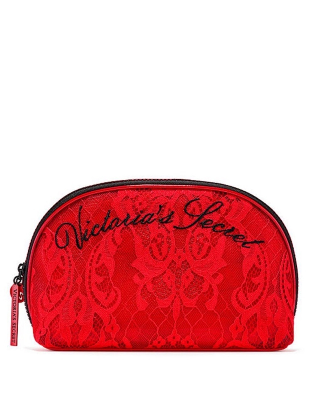 Victoria's Secret Red and Black Lace Cosmetic Makeup Zipper Pouch Bag
